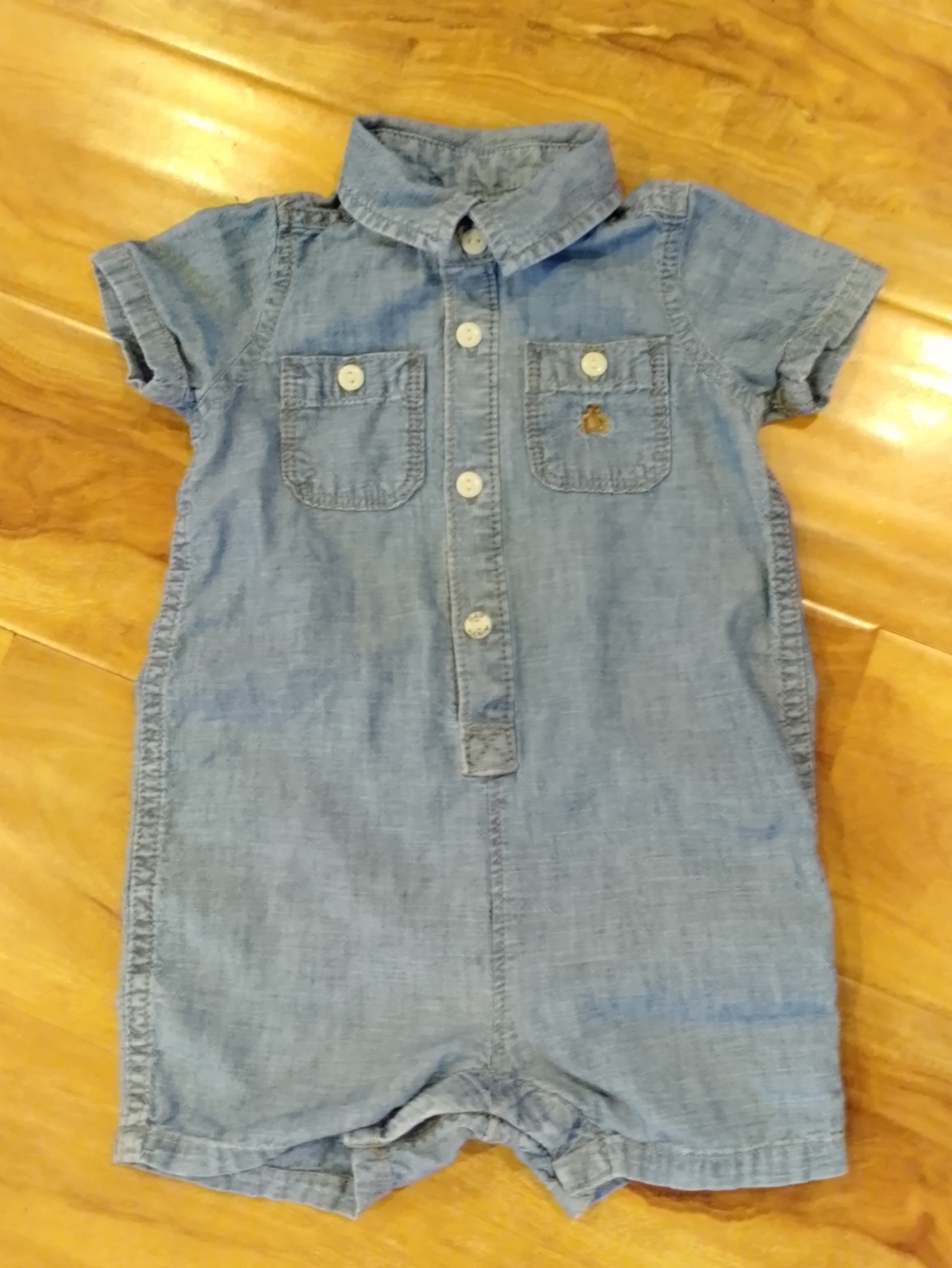 Gap Denim Light Wash Baby Brannan Bear Denim Romper 6-12 Months Blue